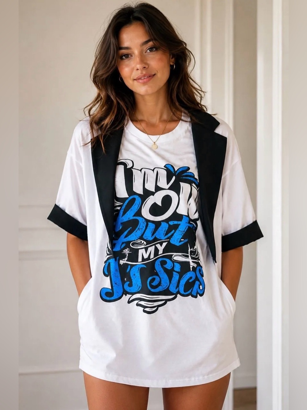 Upcycled Graphic my J’s Tee with Black suit collar and sleeve size XL